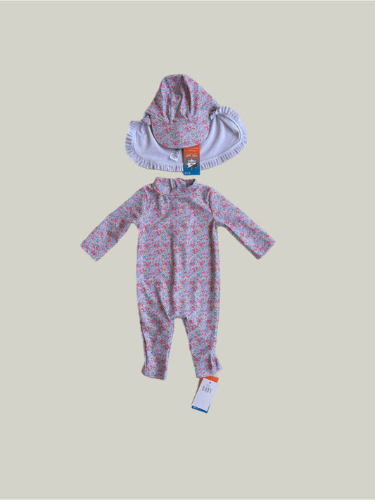 New With Tags George Floral Swim Onesie & Hat 0 to 3 Months